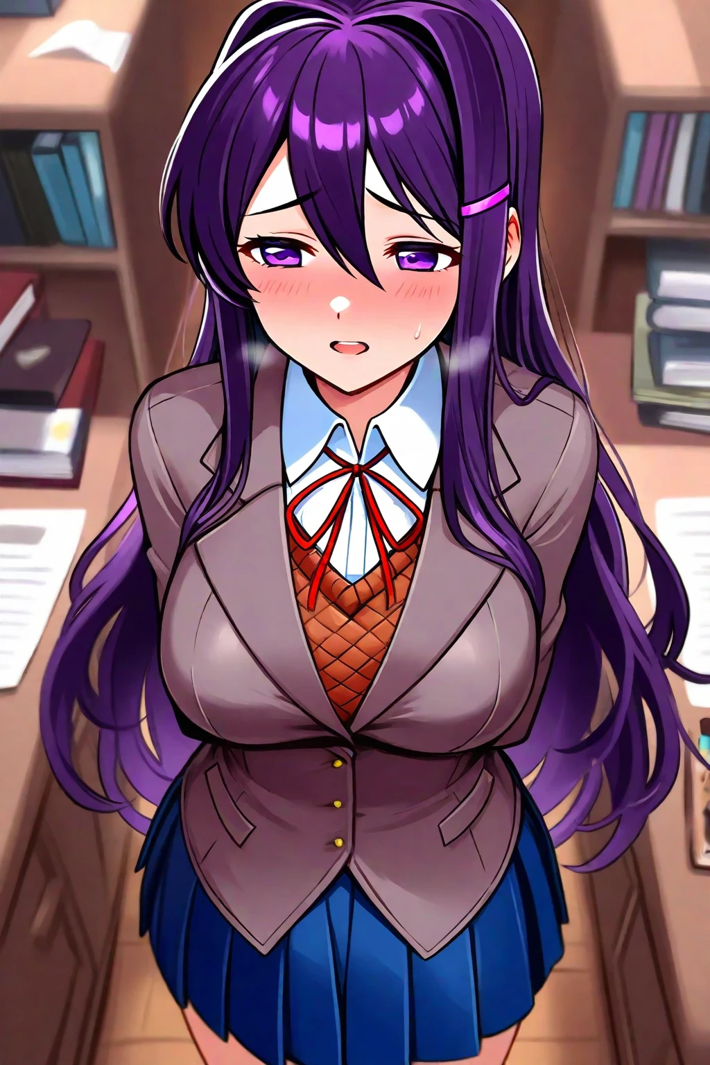 She has big boobs and is wearing her white shirt with purple tie pants and a big boob hole