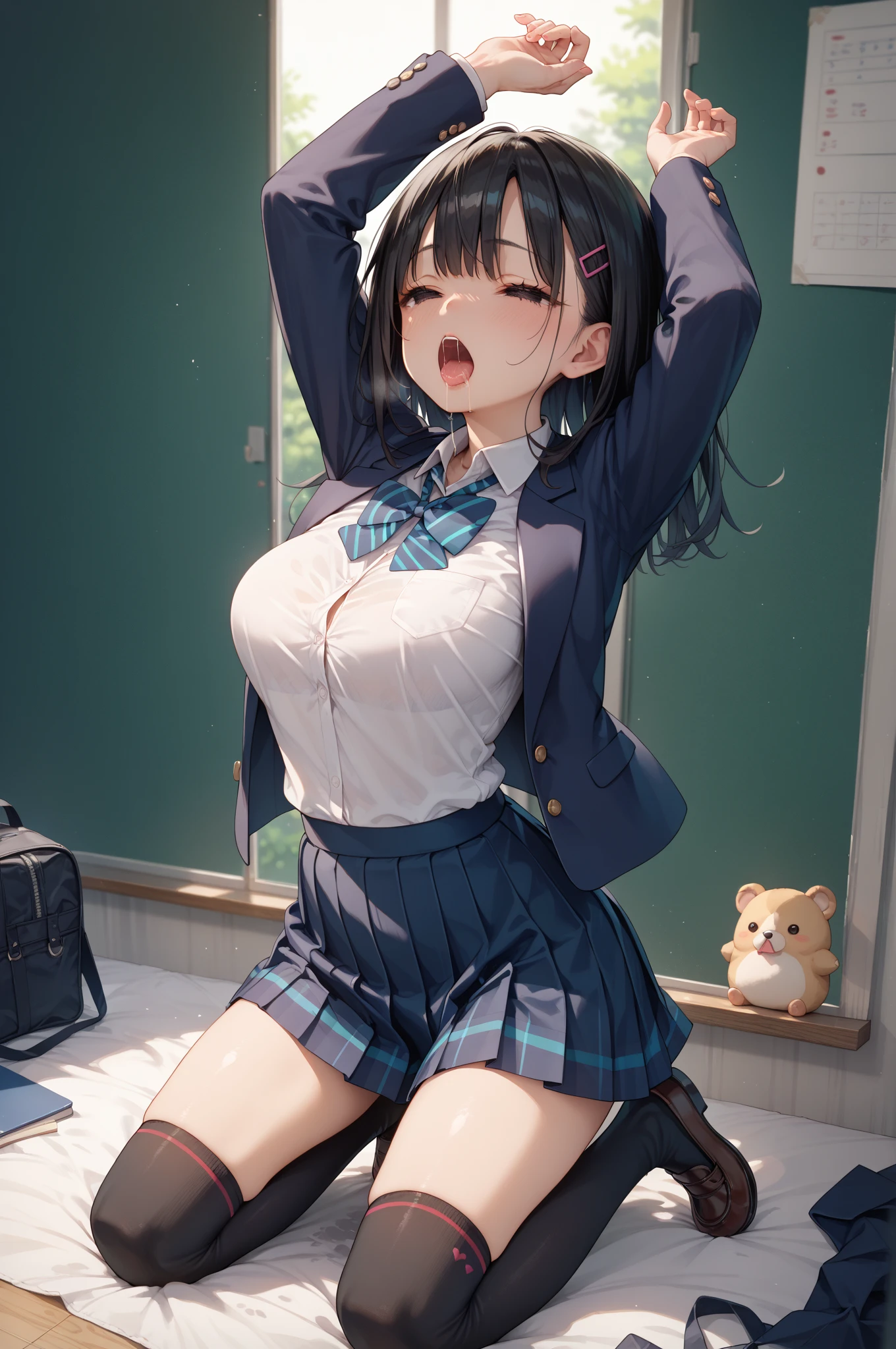 best quality,1girl,((big breasts:1.5)),((((loli,10 years old,,little girl:1.3)))),curvy,orgasm,ahegao,blush,blue eyes,black hair,long hair,((two side up:1.1)),((school uniform,white shirt,plaid skirt,blue skirt,mini skirt,lift skirt,upskirt,white panties,lace panties,black thighhighs:1.1)),classroom,pussy juice,((fighting stance,standing on one leg)),