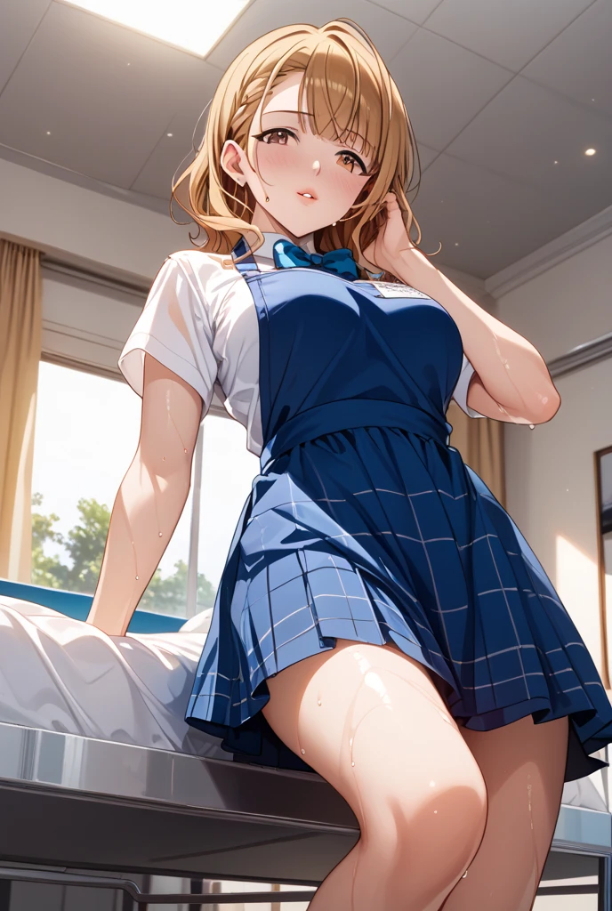 Close-up、(((blonde hair)))、wavy short hair、cute、summer:1.3、shirt:1.3、、skirt(((Highest image quality、High resolution、masterpiece、one woman)))、((((embarrassing:1.3、)))、(((cute)))、Super delicate and cute girl with black hair、soio、a high school student、16 years、8K Ultra High Definition、Delicate texture、short wavy Hair、flat chest、(((Plaid mini skirt)))、(((Wear white camisole)))、(((navy colored high socks))),,Plain clothe、Smiling,spreading her legs,exposed panties,nsfw,middle breast,classroom,lying down on the desk,spreading legs open wide with knees bent,creating the shape of the letter M,(((detailed race white panties))),