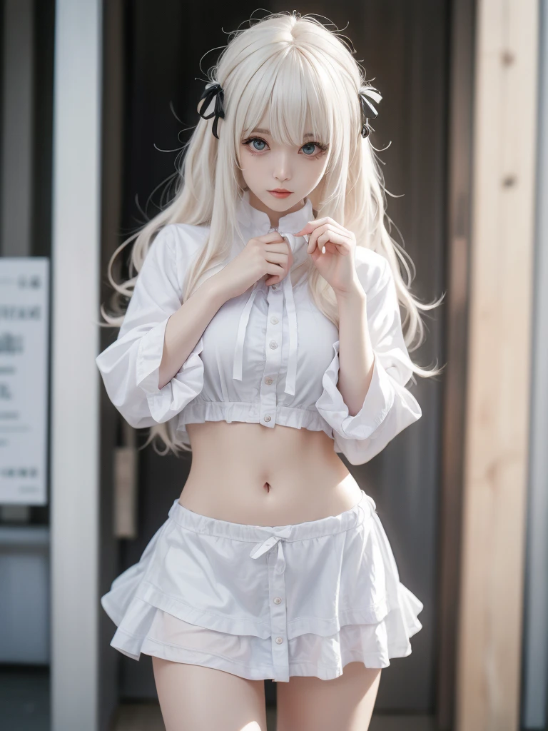 top-quality、masterpiece、超A high resolution、(Photorealsitic:1.4)、Raw foto、1 girl in、a blond、full body Esbian、large full breasts、Ultra exposed cleavage、erotick、Erotic look、gargantilha、二重まぶた、Loose and fluffy perm、semi long hair、student clothes、a miniskirt、JK Ribbon、Thin, Skinny clothes