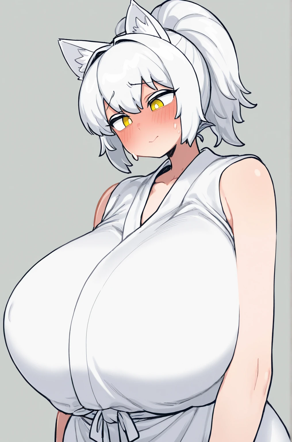 NSFW, ((white hair, dark charcoal skin)), (short pants), (gigantic breasts, huge breasts, Big breasts), firm breasts , topless