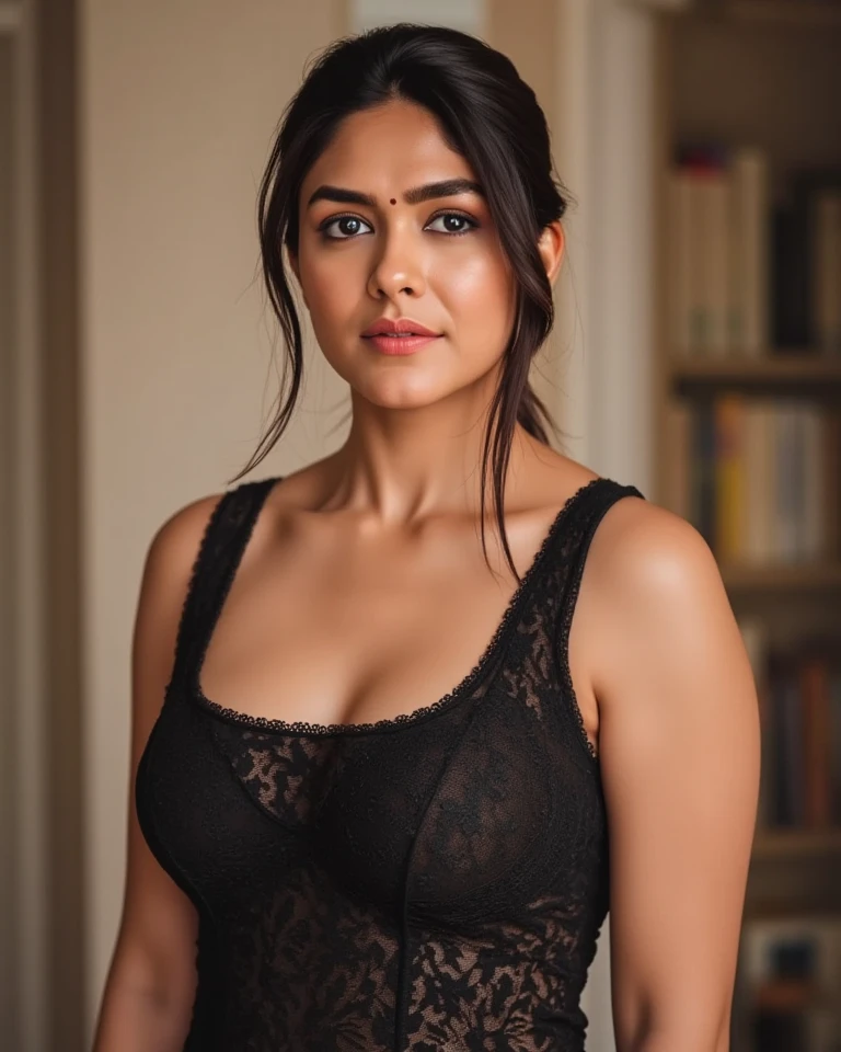 full body (best quality,4k,8k,highres,masterpiece:1.2),ultra-detailed,(realistic,photorealistic,photo-realistic:1.37),medium:digital painting,Indian girl,beautiful detailed eyes,beautiful detailed lips,long eyelashes,gorgeous,exotic,black bra and panty,standing in the balcony,graceful pose,vibrant colours,bokeh,subtle shadows,soft lighting,ethnic jewelry,,flowing black hair,confident expression,full body,open leg,perfect breasts