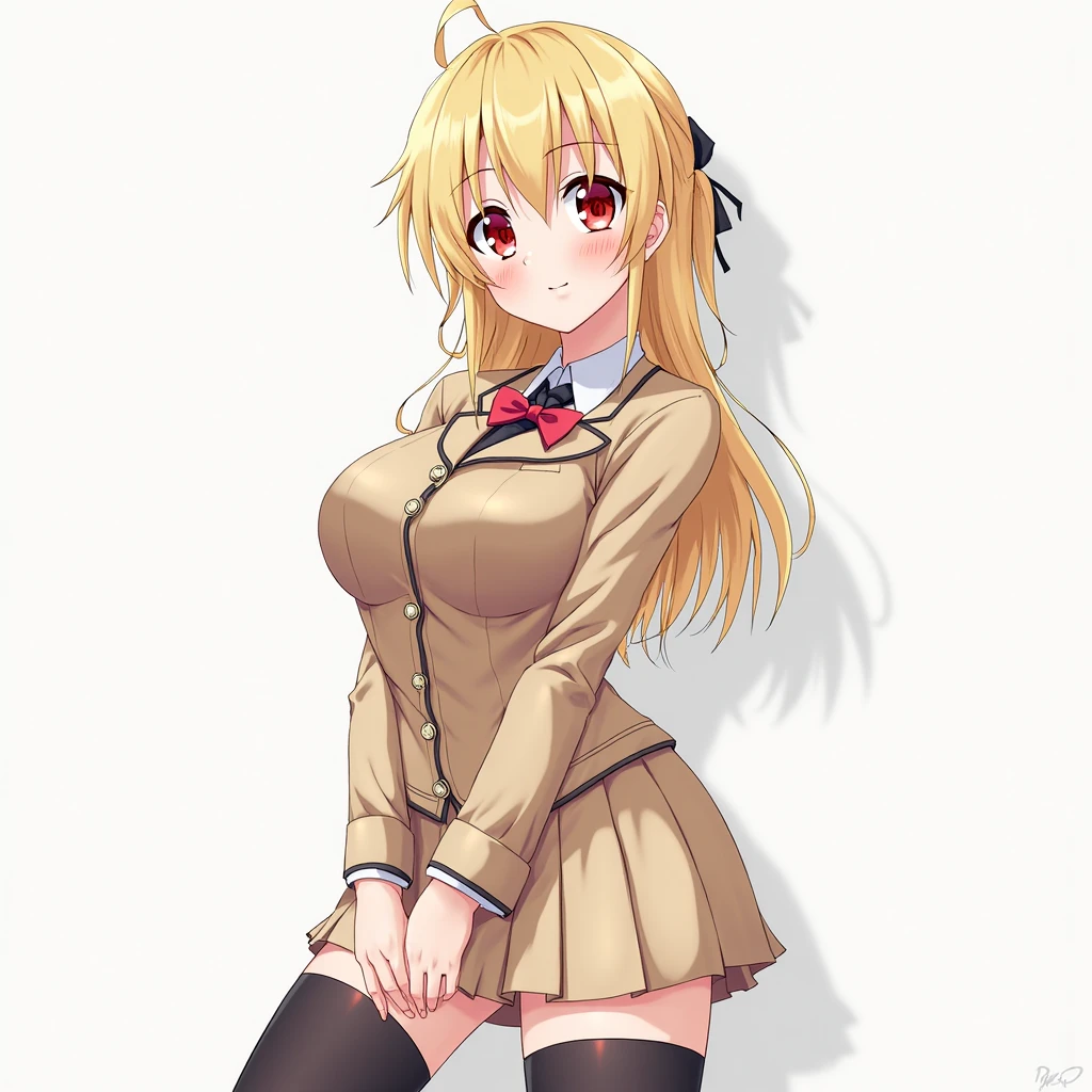 Junko Enoshima, long blond hair, 1 girl, two tails, Alone, old, blue eyes, neckline, clavicle, large old, hits, blush, Closed mouth, affected smile, looking at the viewer, Upper part of the body, bear hair ornament, nail polish, Red nails, red bow, black shirt, underwear, choker, black bra, Rolled-up sleeves, white tie, red plaid pleated skirt, , black boots with crossed laces, bright, bright hair, style both,