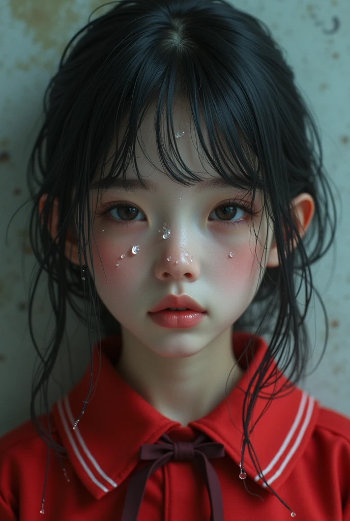 Best picture quality, masterpiece, ultra high resolution, (fidelity :1.4), photo, 1 girl,[(sadness)],white shirt, Dim, dark, desperate, pitying, pitiful, cinematic,tear,teardrop,(Torn clothes:1.5), (Wet clothes:1.4), bare shoulders,Real rain,wet hair,..