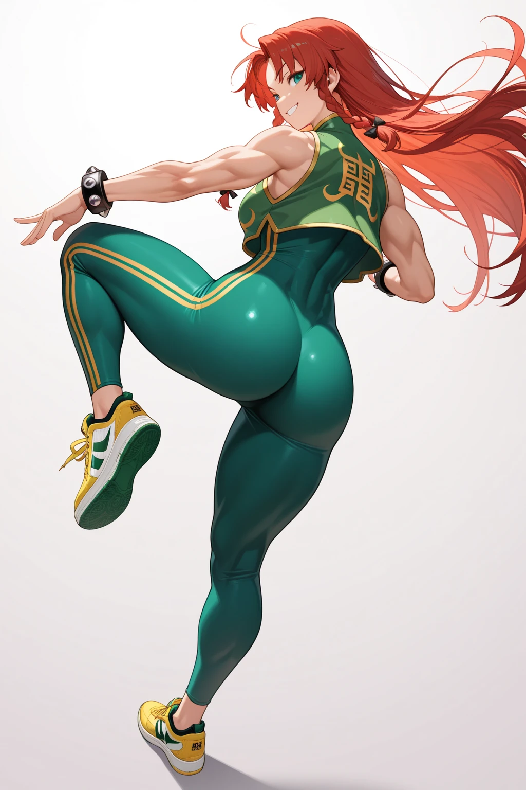 Cartoon girl with red hair and green shorts running, five fingers, very big, cleavage, one woman, long legs, fitness model, muscles, abs, powerful pose, red hair, sportswear, ponytail, tanned skin, smile, shiny clothes, full body view, publicity cosplay, full cosplay, shot with Canon 5D Mk4, cosplay photo