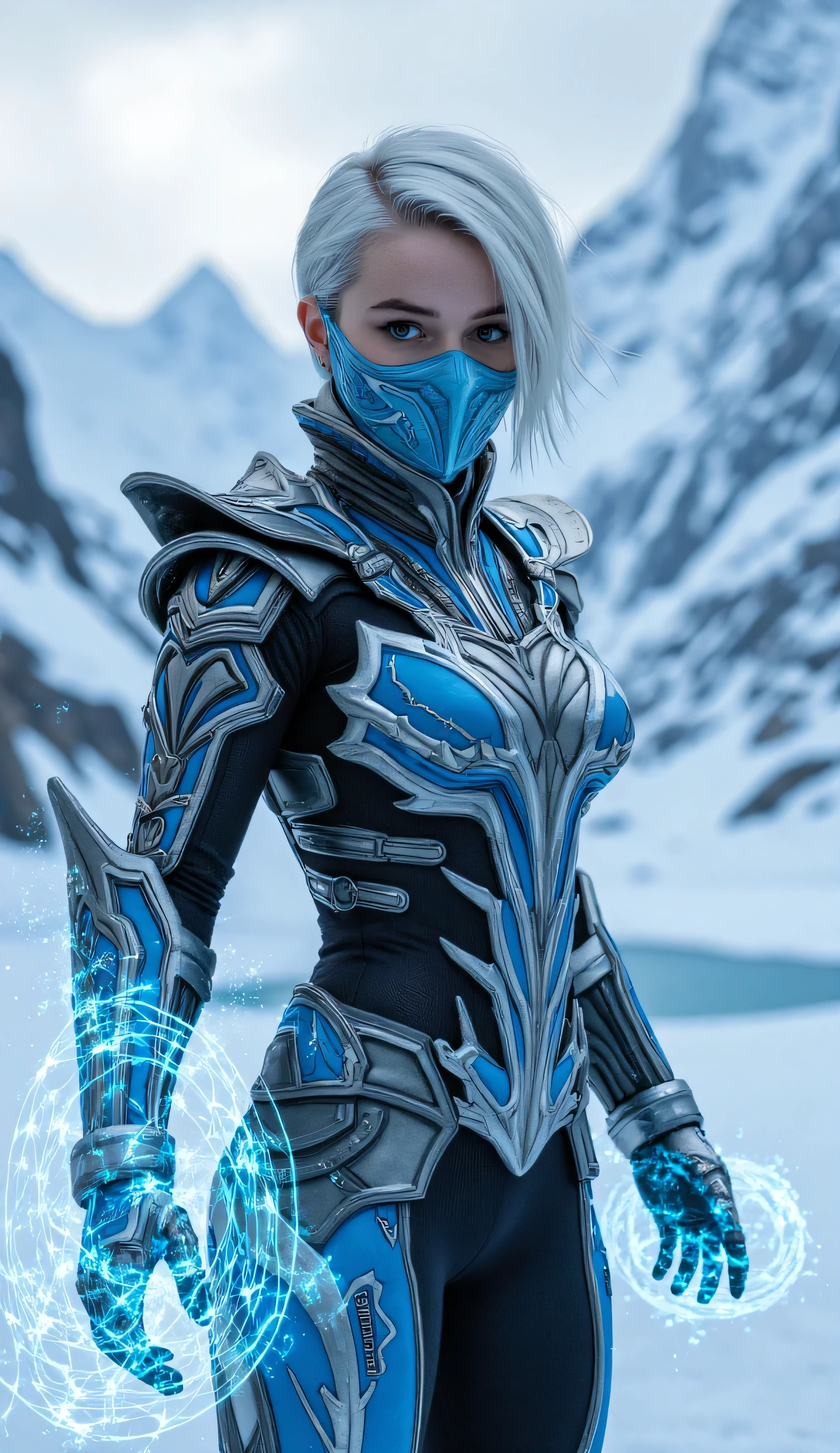 Kaitlyn Dever as Frost, Mortal Kombat, futuristic warrior, short white hair, piercing blue eyes, stands, dramatic icy mountain landscape, sleek form-fitting high-tech battle suit, metallic blue, silver, and black, intricate armor, plating and glowing energy accents, mask covers the lower half of face, intimidating and enigmatic presence, swirling icy energy spirals around, she controls the element of ice, powerful and confident stance, ready to unleash a devastating elemental attack, sharp snow-covered peaks, dynamic skies, highly detailed, cinematic, sci-fi fantasy superhero style