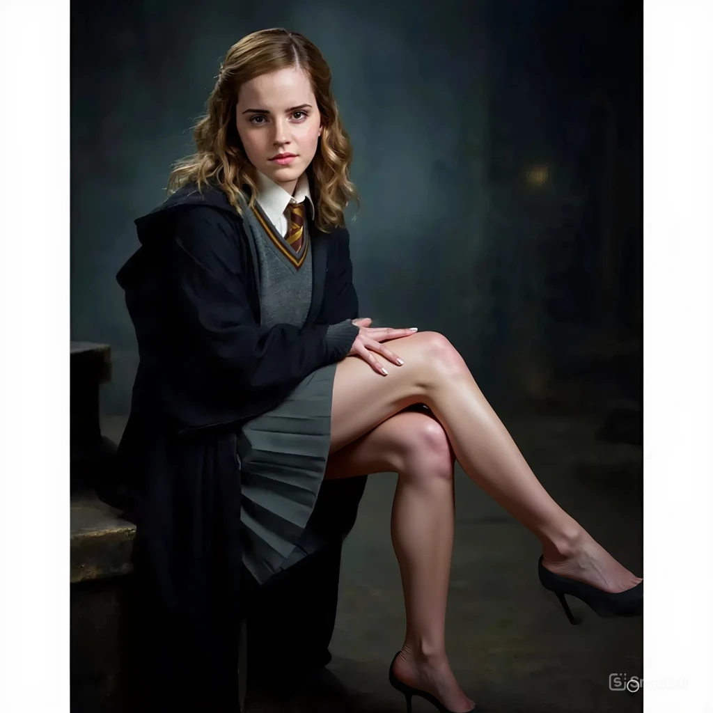 from below, emma watson as hermione granger in her gryffindor uniform, sitting on an armchair, hands resting on the armrests, legs apart, bare feet 