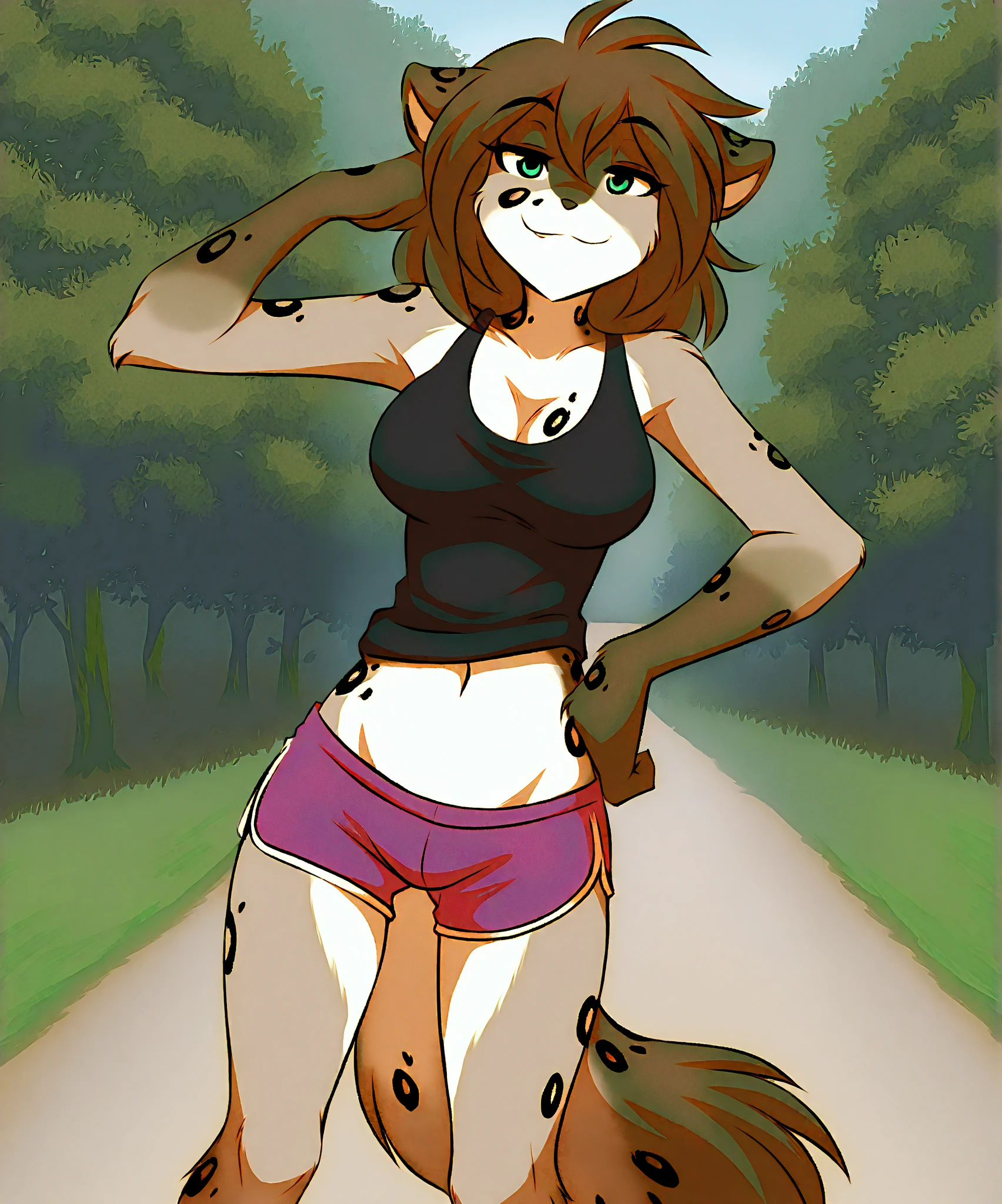 masterpiece, best quality, amazing quality, detailed, (((flat shading, anime, anime screencap))), solo, furry female anthro, medium breasts, big breasts, tank top, midriff, dolphin shorts, tight shorts, short shorts, smug, (outdoors, park), cleavage, looking at viewer, standing
<lora:Kathrin-Twokinds-ILXL-AnonTK-V2:0.8> , kathrin-twokinds, keidran, mammal, canine tail, teal eyes, medium hair