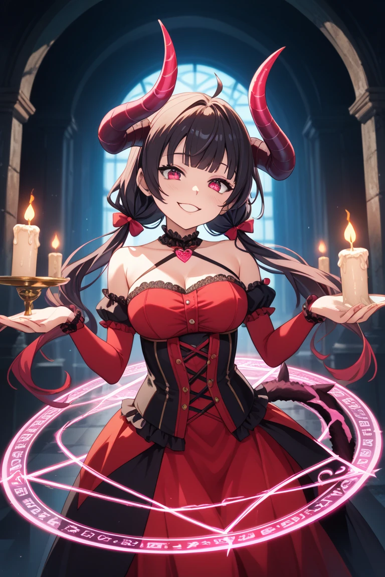 high resolution、Sexy Devil。It has large horns、With a fearless smile。There are lots of big candles around.。Beautiful night、Fantasy