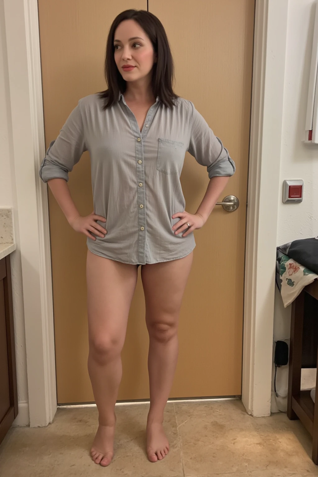 Full body picture of caucasian woman with long brown curly hair, wearing shirt with no bra