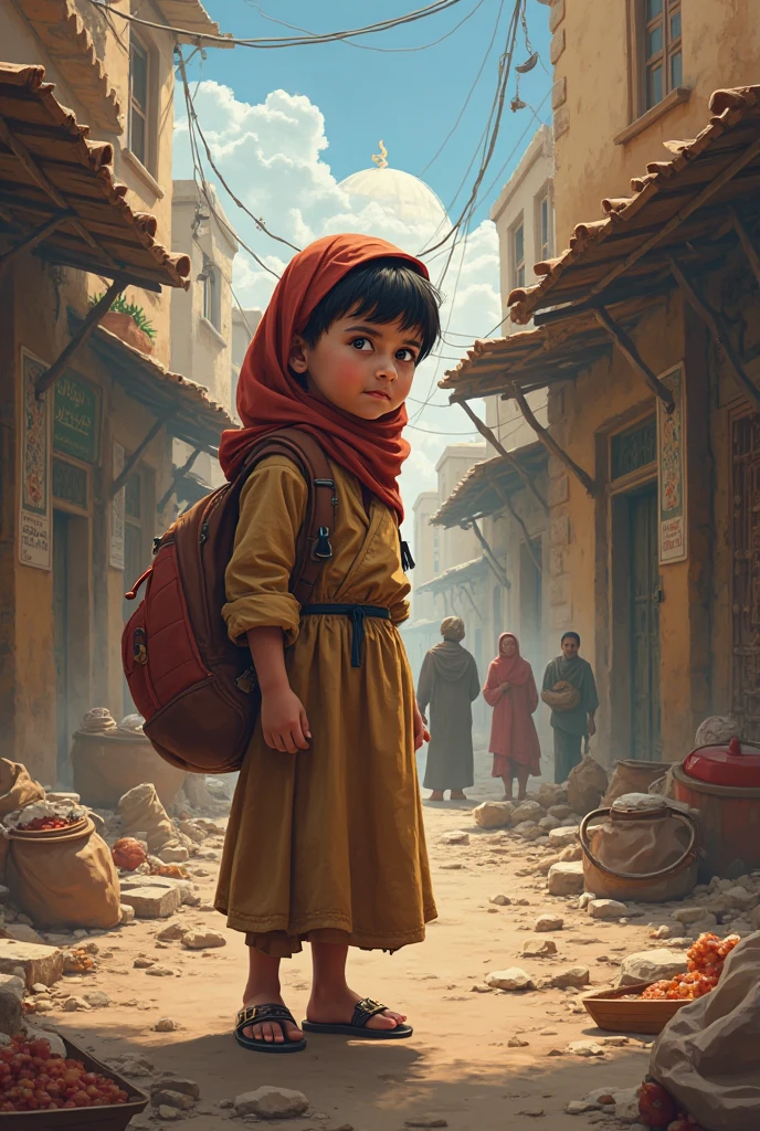 "Generate a hyper-realistic image of a 10-year-old girl from Syria with authentic features, set against a realistic influential city landmark background, showcasing the best quality and intricate details."