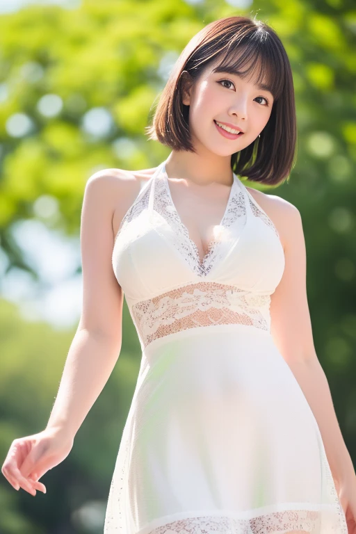 (Best quality, masterpiece: 1.2), woman, portrait, bra, breasts, suspenders, high heels, outdoors, 25 year old woman in the garden, white miniskirt, (yellow flower mess in the background: 1.3) Same character, different costume, different angle, edge light