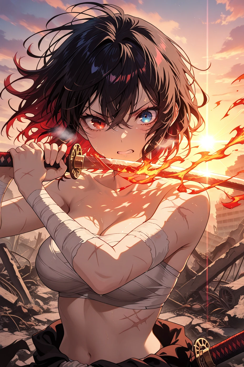 (masterpiece, best quality:1.2), expressive eyes, perfect face, highres, 1girl, solo, ryu \(sf\), (female:1.5), black hair, short hair, dougi, fingerless gloves, headband, fighting pose, portrait, looking at the viewer, cowboy shot