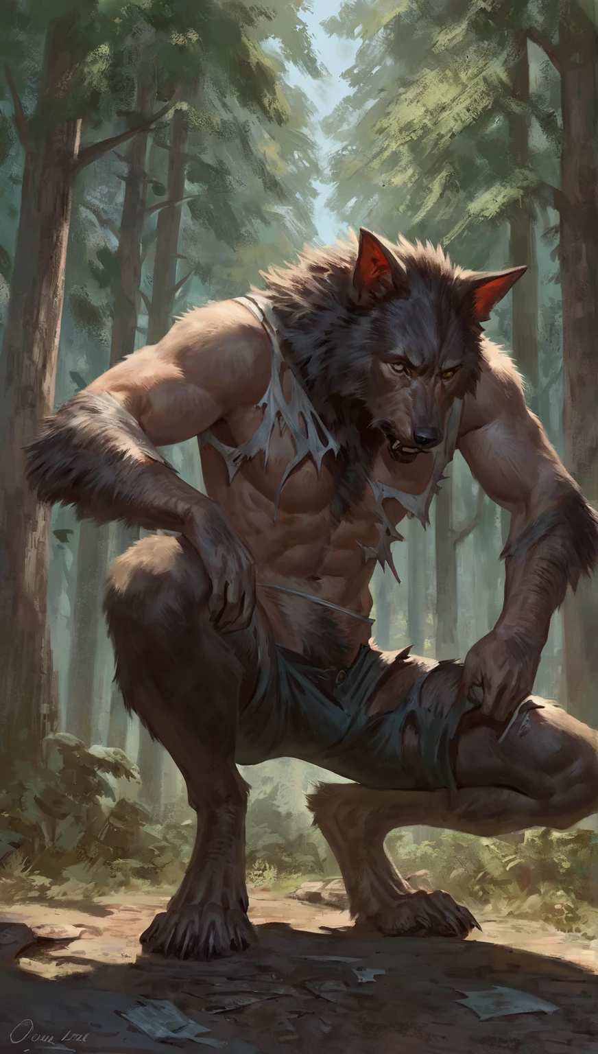 ultra-detailed, masterpiece, masterwork, high quality, best quality, hdr, (nature, forest), nsfw, male, solo, werewolf, (nude,), (white little body werewolf), (white body), (long silver hair), detailed yellow eyes, squatting, dynamic angle, sweat, (canine penis, perfect balls), masturbation, cum, excessive cum, pojecile cum
