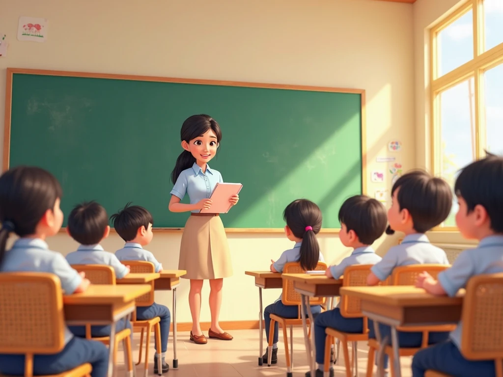 3d pixar animation style of a classroom full of chlldren of el salvador facing towards the blackboard where the teacher gives a lecture