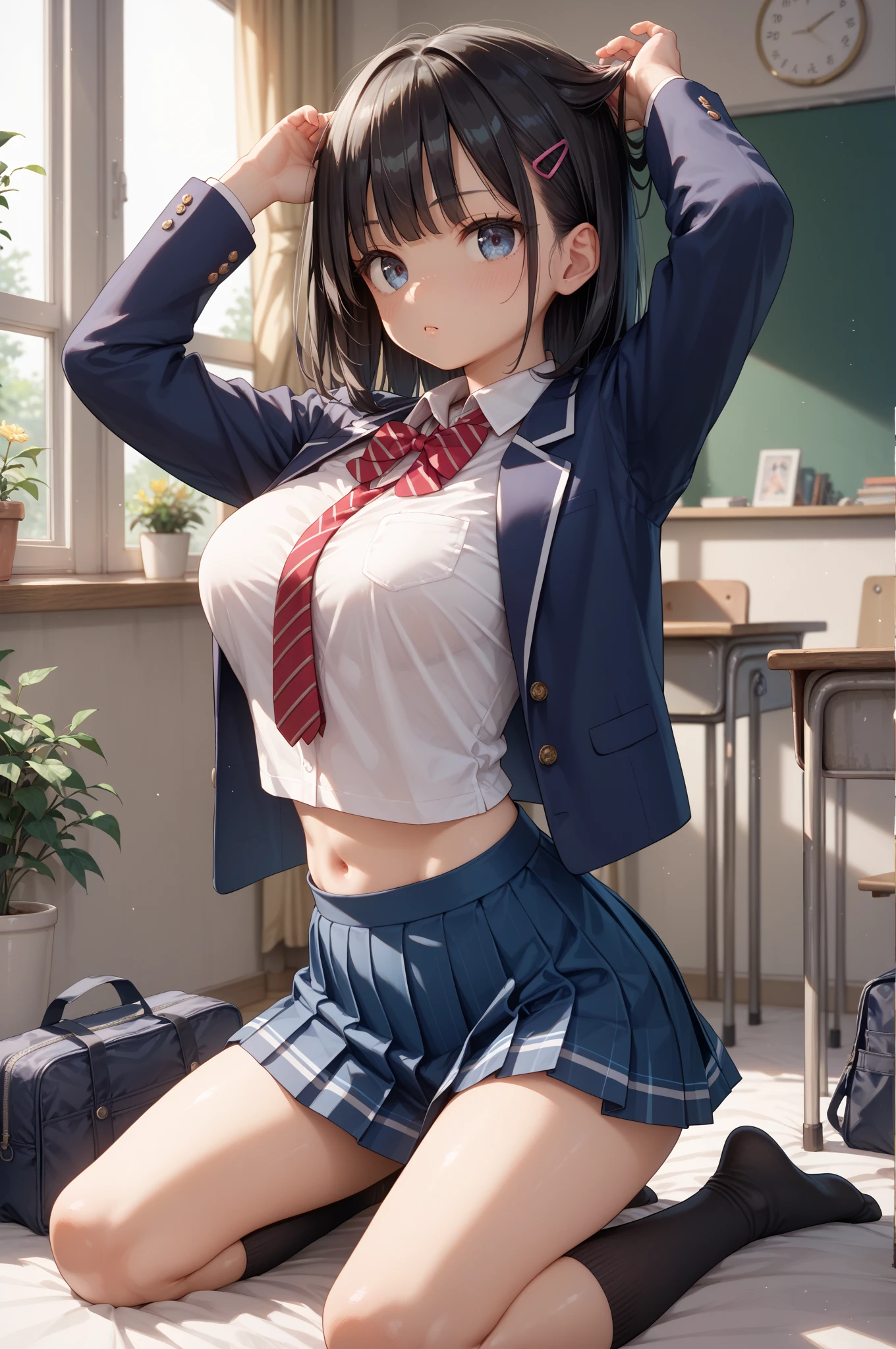 Junior high school girl taking off her black underwear、I can see pubic hair、small breasts、Everyone is changing clothes in the classroom.、Girl taking off her uniform