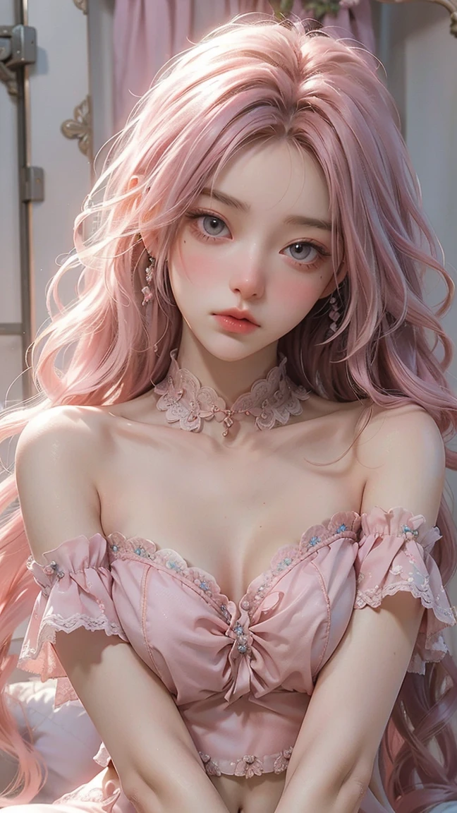One girl,（Captivating quality：1.4），（Highest quality authentic textured skins), Delicate face,Pink twin tail hair, Perfect body：1.1），Heart-shaped choker、Long eyelashes,Clear eyes,Hyper Photorealism, Hyper HD, Tabletop，Keep dreaming，Please wear transparent silk pajamas,Fantasy Space，Pink Background