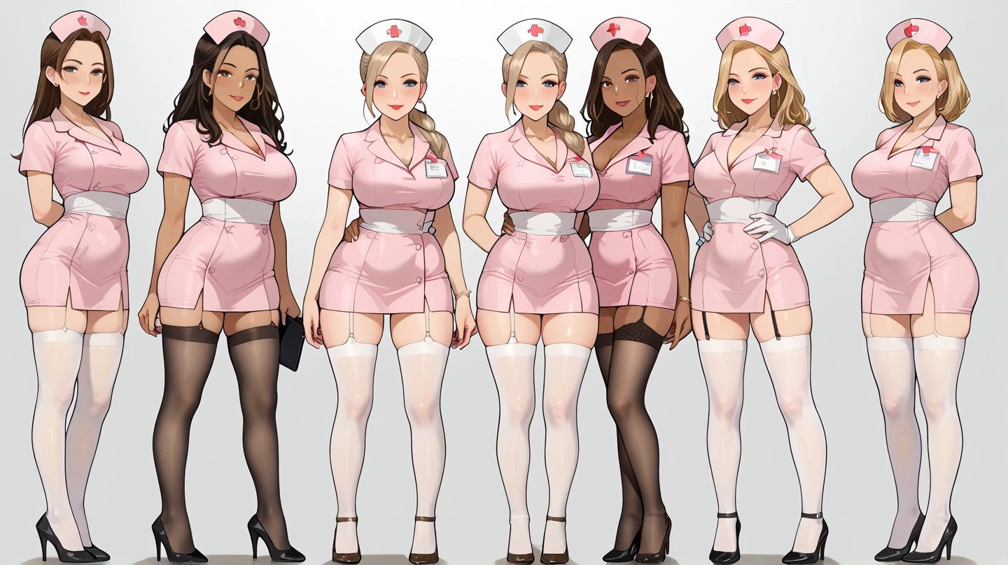 ((masterpiece)),(((best quality))),((character design sheet)),((rough sketch)),((vulgar)),(magazin cover)thick thighs,african girl,smile,((between breasts)),pussy juice,((wearing an Wet sexual nurse uniforms and nurse cap)),shirt harf lift,milking