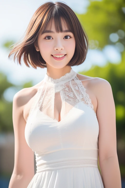8K, Ultra-high resolution, Highest quality, masterpiece, 三分割法によるphotograph,Surreal, photograph, 1 Girl, (16 years old:1.3), pretty girl, Cute face, Beautiful eyes in every detail, 細かくdetailedに,masterpiece,, One Girl:1.2, Japan Female Announcer,upper body,Outdoor,street tree,White blouse,The chest buttons are open,Refreshing sweat,Full of sex appeal,Sensual,A carefree smile,Heal the heart,Black Hair,Short Bob,Looking at the audience、beauty,Long neck、Laugh a little、Please close your mouth and laugh、(((Ideal body type))),A cup small breasts :2,、Portraiture:2、Perfect Anatomy、鮮明なdetailed、detailed、Surreal、Light and shadow,Strong light
