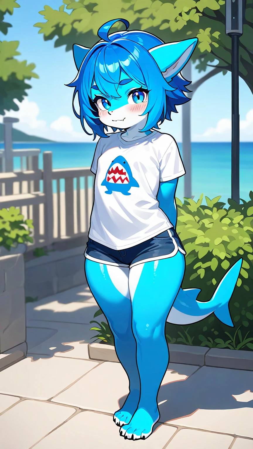 (Masterpiece) (High Detail) (High Res) A close up of a short humanoid girl with pale human skin and blue eyes and long blue hair and blue dog ears and a fluffy blue dog tail and average breasts. She is stood on the beach wearing a oversized baggy black cropped t-shirt and black bikini bottoms. She has her hands behind her back out of shot. She has blushing cheeks.