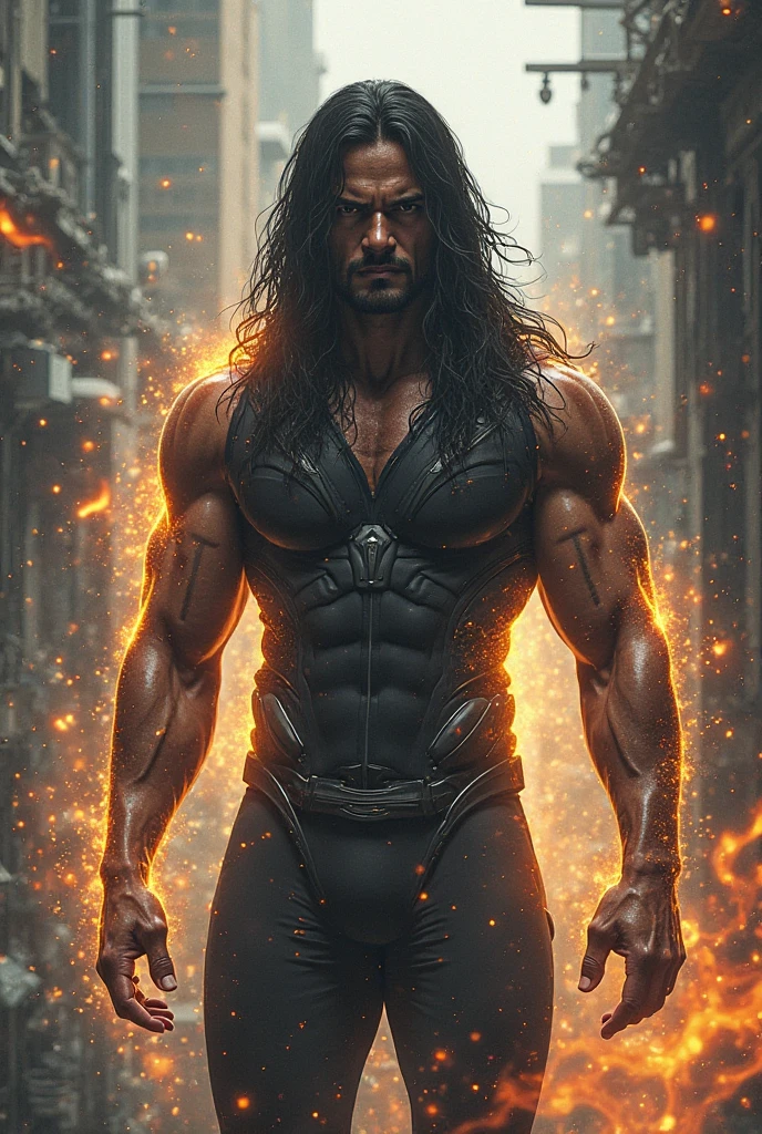 A god who has fully iron fist,long hair and muscular
