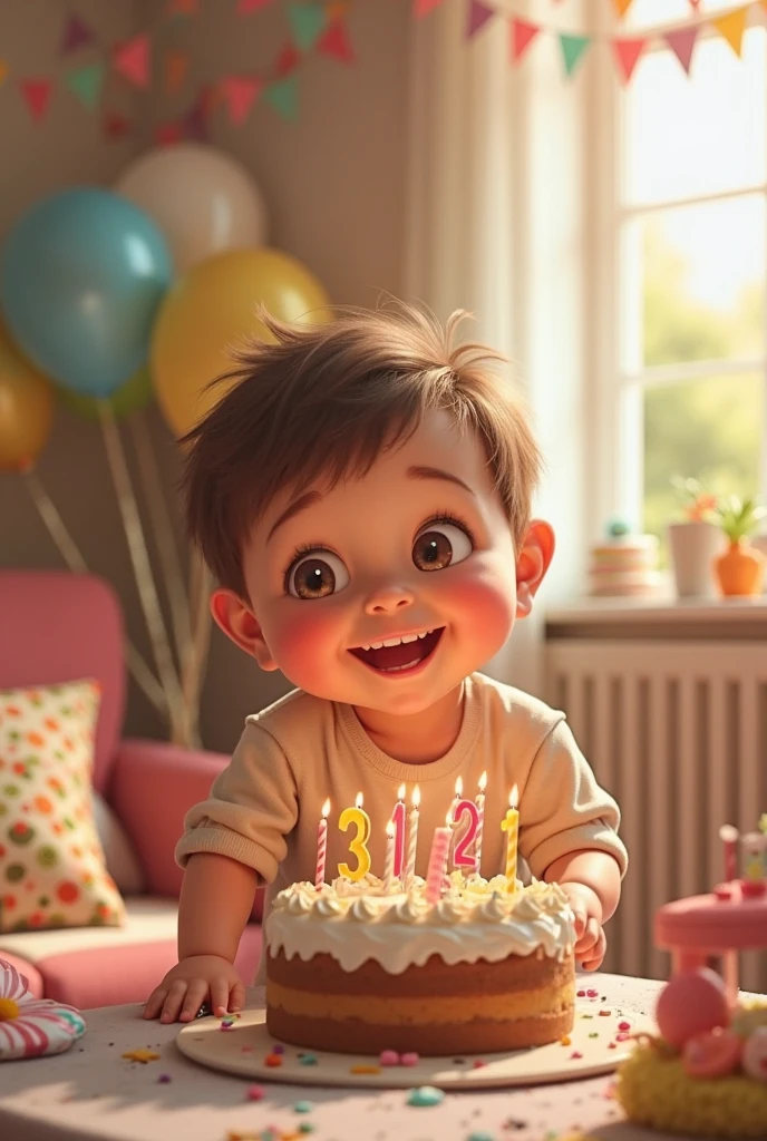 The image shows a young boy crawling towards a birthday cake placed on a dining table. The cake is decorated with candles and a balloon, making it a festive and celebratory centerpiece. The baby looks excited and curious about the cake, pois se aproxima dele com entusiasmo. The scene captures a moment of joy in the baby's life, as he experiences the thrill of celebrating his first birthday.