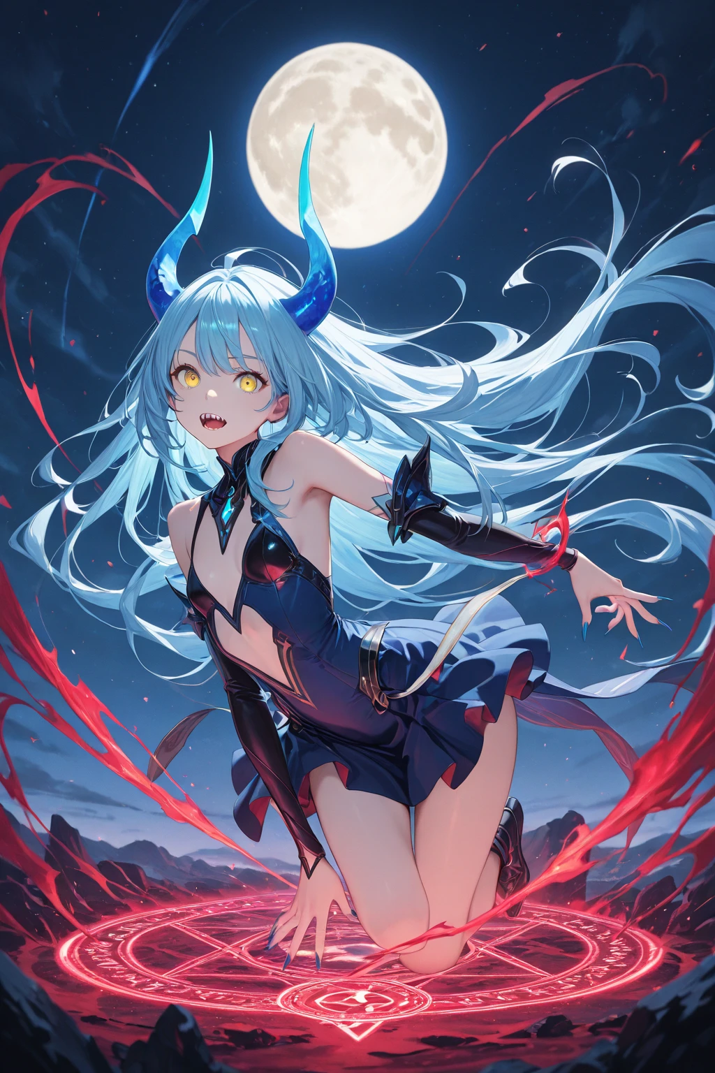 a demon girl floating on the sea water, very long hair, white hair with bluish highlights, thick lips, expression of serenity, (((large curved horns, in the pose of Christ, cloudy and night))), small round breasts, big booty, strong thighs, {extremely detailed 16k CG unit wallpaper}, expansive landscape photography, (a low view with focus on the character, and setting), (wide open field view), (angled shot low), (high light: 1.4), (low light: 1.4), (warm light source: 1.5), complex details, (iridescent colors: 1.4), (bright lighting), (atmospheric lighting), dreamy, unique, dark, perfect reflections