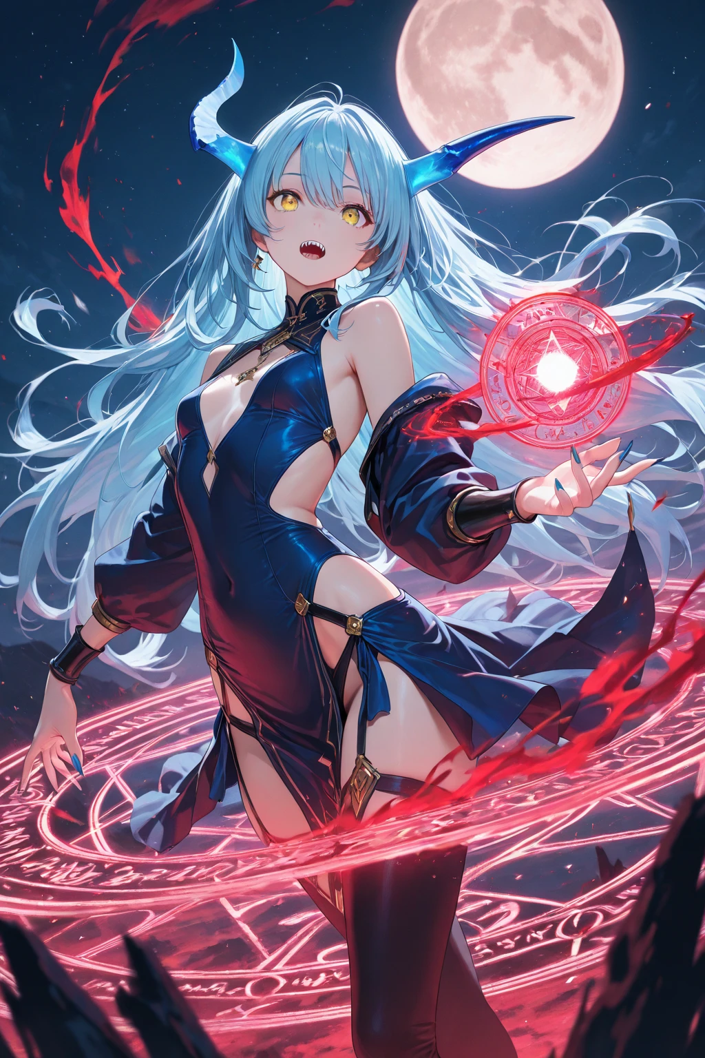 (((highest quality, 8K, masterpiece: 1.3)), ((highest quality)), ((masterpiece)), (detailed), Perfect Face, horn, crazy eyes, Devil's Pupil, Heterochromia of the iris, crazy, yandere, Demon girl with goat horn, Highly decorated bodysuit, Demon World, underground, Dim Light, Blue Hair, Gradient Hair, Crescent-shaped earrings, Queen, Wide open chest, gem, diamond, sapphire, ((My right hand is covered in Inflammation)), inflammation, Hand with long nails, Abnormal