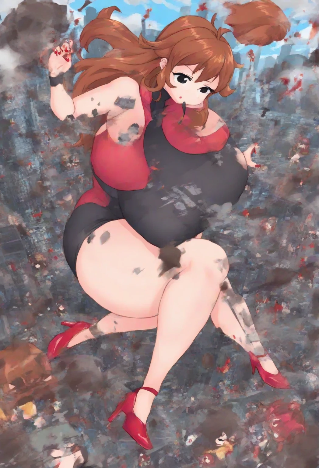 formidable_default en una ciudad destruida, (GTacro, aerial view, de_arriba, (asiento del edificio), ((alboroto)), ((destruction)), desnuda, giganta, piernas cruzadas, (Obra maestra), (high resolution), chubby gordita, Mejor calidad, ((lleno_cuerpo)), huellas, ((gigantic_Pechos)), Frente a_espectador, ancho_disparo, small buildings along the bottom of the frame, abdominales, suelas empapadas de sangre, manchas de sangre, sonrisa afectada, presumido, aplastante, explosion, military vehicle, ereshkigal, milf
