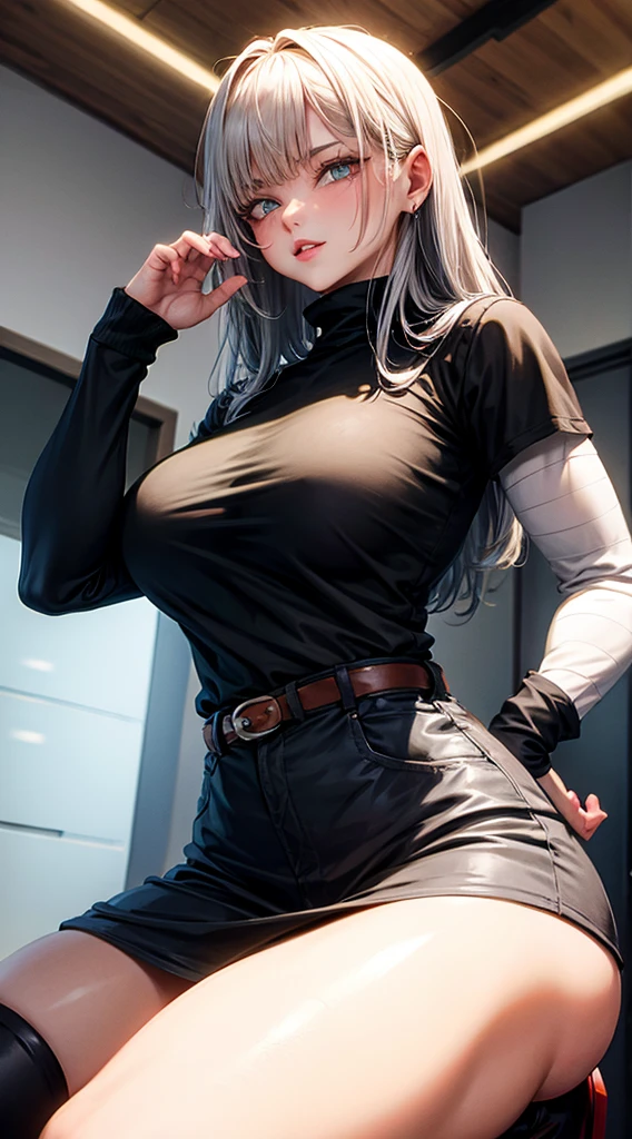 Mei mei from jujutsu kaisen, realistic, age 25, pure white skin, black pupils, white long front side braided hair, sidelocks, pony tail, perfect face, perfect shape body, large breasts, blue dress, posing to viewer. 