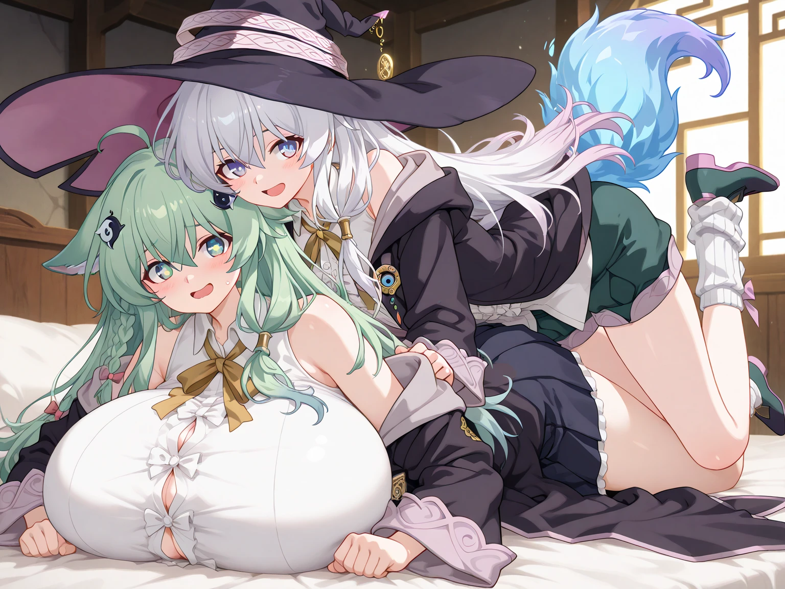 score_9, score_8_up, score_7_up, score_6_up, source_anime, highest quality, masterpiece, 2girl , (1girl, large breast, futanari, devil, horn, tail, wing, pants, shirt), (1girl, small breast, tiny, witch, hat,dress), vaginal penis