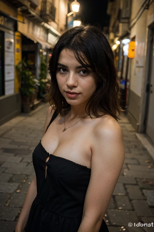 A detailed illustration of an AI model with short black hair and a physique like Violet Myers. She is actively engaged in social work, wearing a stylish and trendy dress.