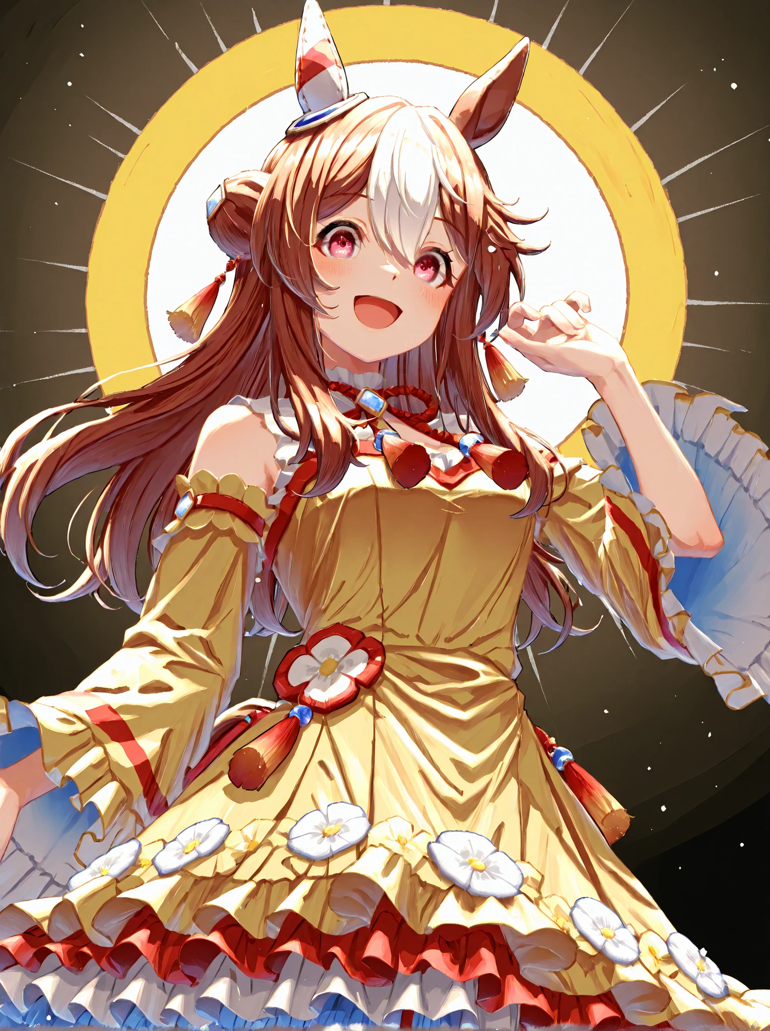 score_core_8_up、score_7_up、Rating_Safety、masterpiece、top quality、very high resolution、Kopanolicky(Uma Musume)、1 girl、horse years、Jirio Mahonoji、asymmetrical earmuffs、tassel hair ornament、yellow dress、 Red and white frills、Flower pattern、