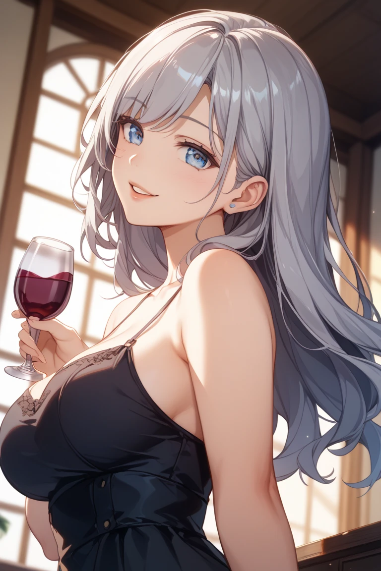 Photorealistic、Highest quality、Highest Resolution、Highest quality、８Ｋ、Beautiful woman、smile、Smile、looks fun、bar、wine、cheers