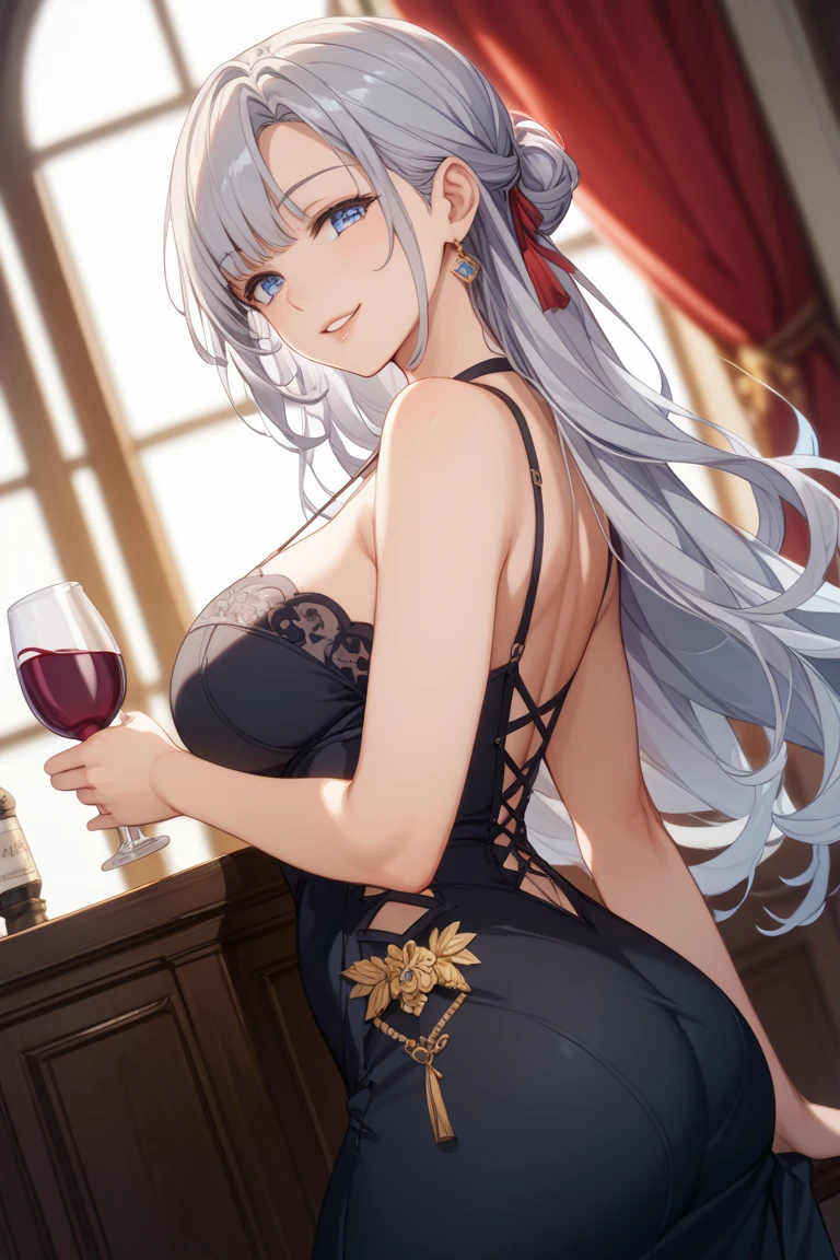 1girl, Irisviel von Einzbern, seductive, solo, long hair, looking at viewer, blush, bangs, (gigantic_breasts), (hanging breasts), (red eyes), cleavage, standing, hand up, holding champagne glass, very long hair, closed mouth, collarbone, white hair, thighs, earrings, indoors, necklace, black dress, red lips, parted bangs,((One-Sided Long Slit Evening Dress)), stiletto pumps, Medium Shot.