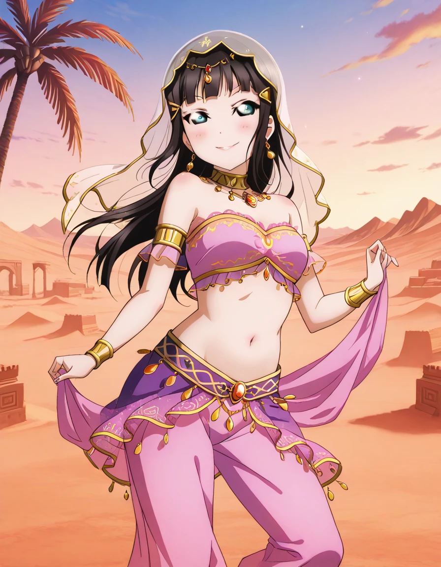 woman, anime, belly dance clothes, long black hair, tan skin, dark eyes