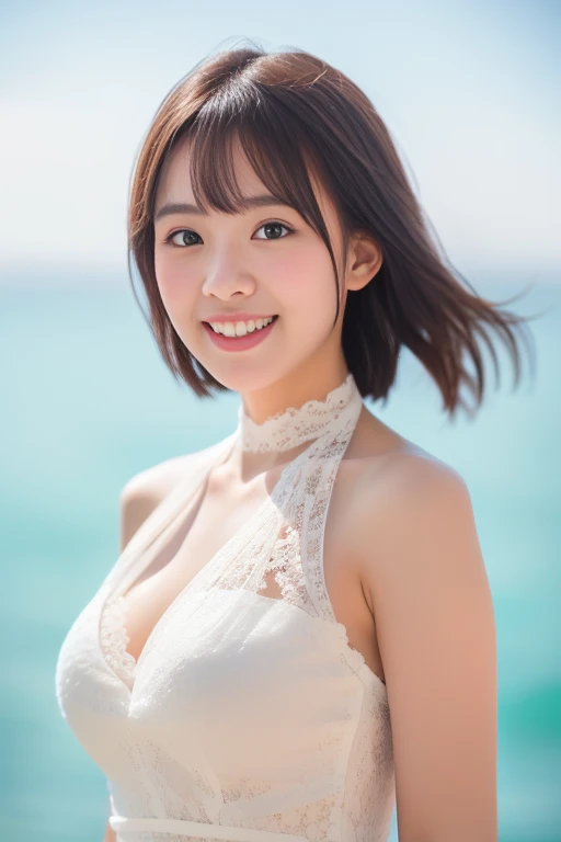 (Best quality: 1.5), (Realistic: 1.5), (1 person: 1.5), ((Upper body: 1.5)), Highly detailed, high resolution, 8k wallpaper, small breasts, natural colored lips, cute smile, fair skin, Japanese woman, 22-year-old cute girl, beautiful and elegant face, perfect and beautiful face, thin eyebrows, big eyes, cute eyes, beautiful and elegant face, natural bangs, beautiful thin nose, beautiful skin, medium bob hair, short cut hair, Natural bangs , perfect beautiful face, slim face and style, (looking at the camera with a cute expression), bright lighting, professional lighting, (front lighting), natural smile, beautiful beach, princess-line wedding dress, tiara, beautiful face lines, small face, cute, standing,