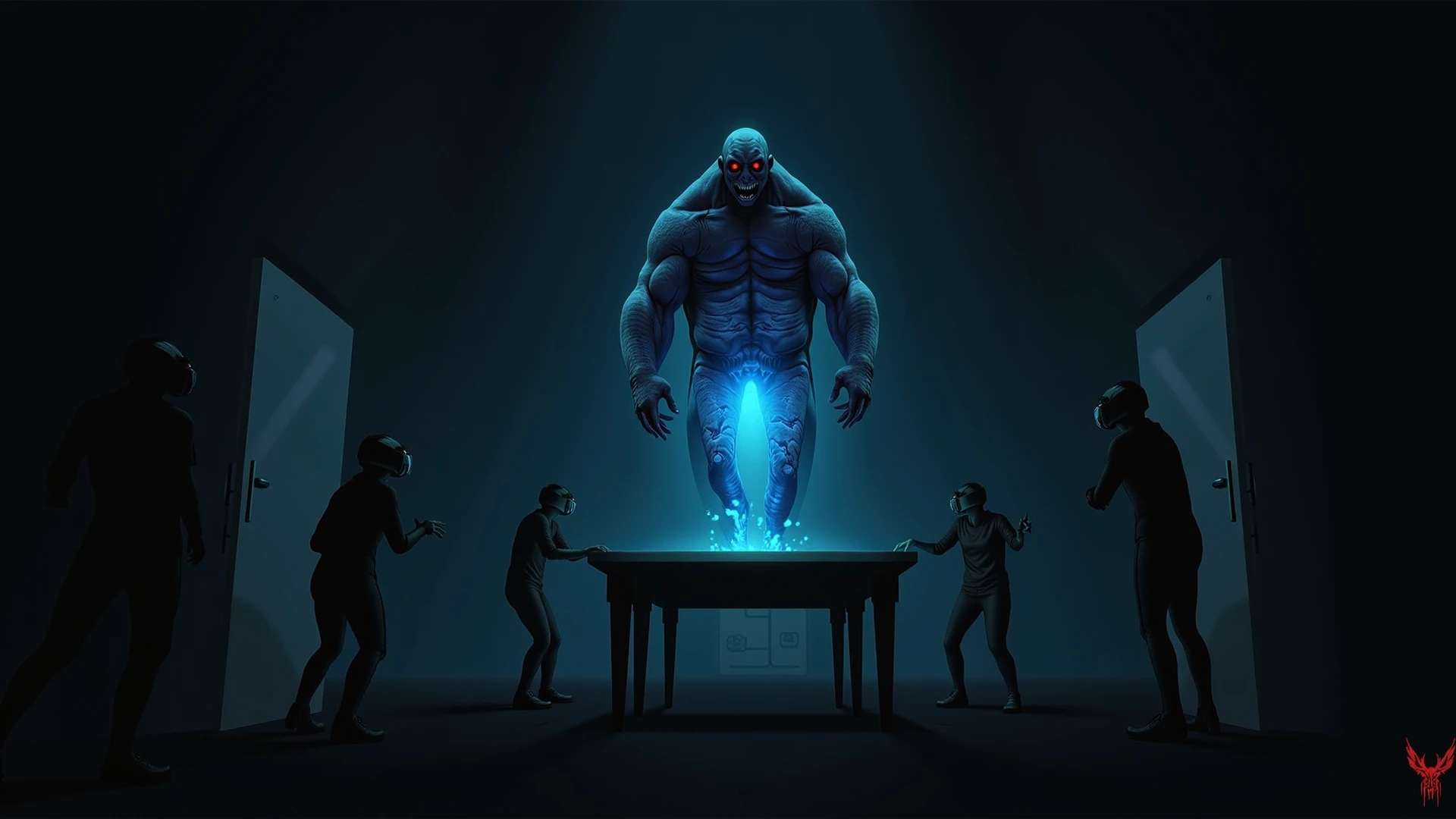 araffes in a dark room with a prison guard standing in front of a door, white ghost, highly detailed surreal vfx, cgi clay sculpture, cgi artwork, still from stranger things movies, fantasy and cosmic horror movie, frame from a movie , still from a music video, cgi special effects --auto --s2