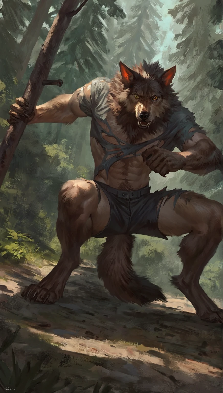a male lumberjack in a forest at night under a full moon, detailed facial features, muscular build, rugged facial features, tattered clothes, leaves and branches, moonlit forest, realistic skin texture, dynamic pose, dramatic lighting, by tojo the thief,
