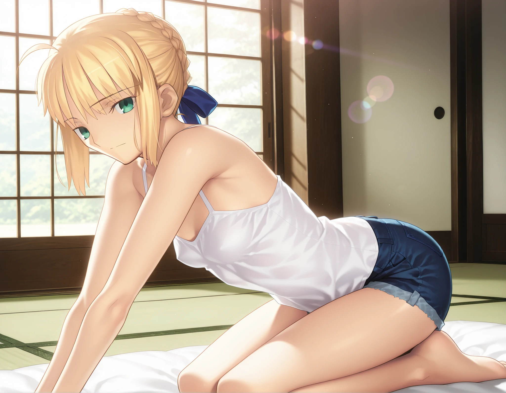 masterpiece, , absurdres, highres, detailed background, high resolution, masterpiece, necessary, detail, best quality, quality, necessary, details, High details, Precise, , indoors, dark lens flare, blurry background, ,in front, , solo,
1girl, , Takeuchi Takashi (type-moon,tsukihime) style, takeuchi takashi style, seiza, tatami, shiuji, kakejku, ,
girl, slim arms, slim body, artoria pendragon , artoria pendragon (fate), saber, hair bun, single hair bun, braid, blonde hair, green eyes, half-closed eyes ,ahoge ,(white camisole, denim shorts), , looking at viewer, closed mouth, (small breasts), ,(),,