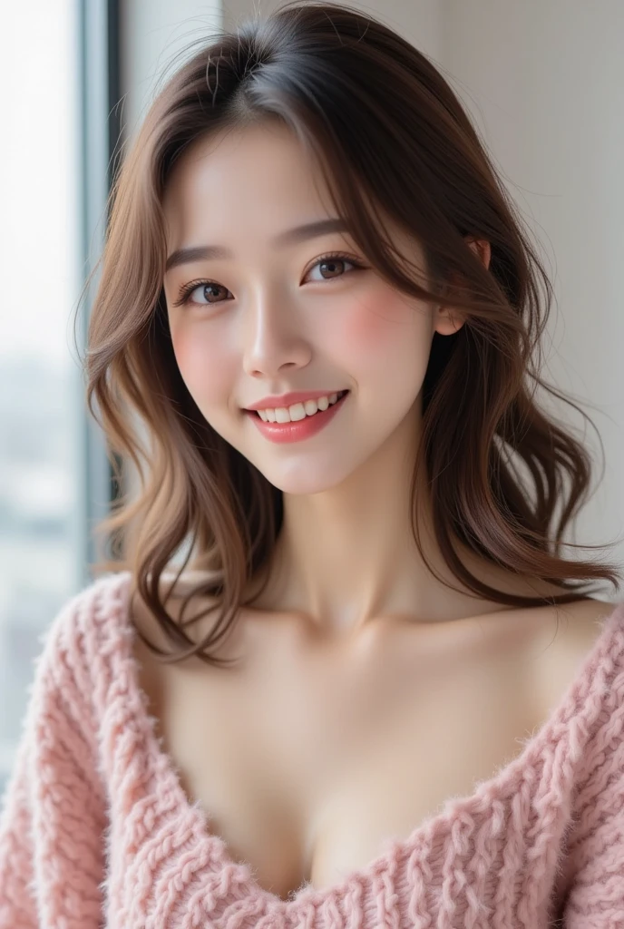(highest quality、Tabletop、8k、Best image quality、Award-winning works)、(One Girl, 15 years old:1.2)、(Perfect V-neck long knit red sweater:1.2)、Red eyeshadow、Perfect Makeup、Long eyelashes、Ultra-high definition sparkling eyes、Ultra HD Hair、Ultra-high definition glossy lips、Ultra High Resolution Perfect Teeth、Ultra HD cute face、Brown Hair、Big Breasts、Cleavage、Look at me and smile、Accurate anatomy、Beautiful wavy hair、(Face close-up:1.1)、(Luxury Love Hotel:1.1)、(The most atmospheric and warm lighting:1.2)、Blurred Background