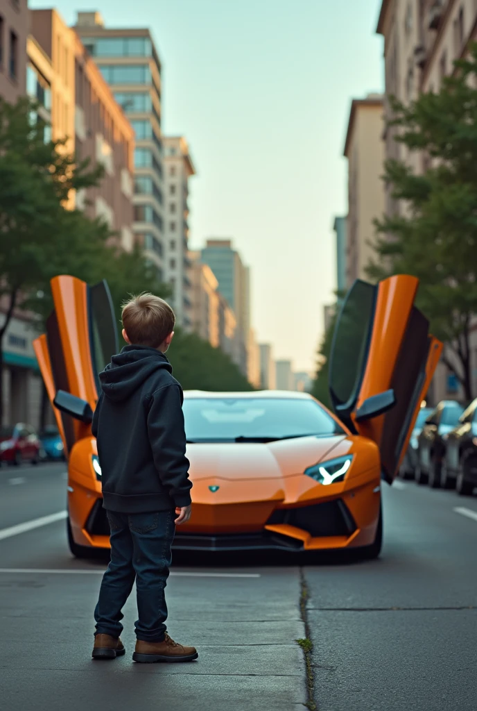 A boy will stand in front of a car and the car should be colored like a dollar.