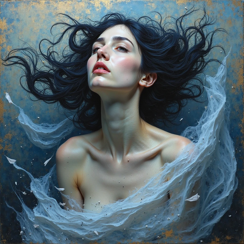 painting of a woman laying on a bed with a white and blue dress, wlop jeremy lipkin, ross tran 8 k, artgerm julie bell beeple, james jean and wlop, wlop art, rhads and lois van baarle, art of wlop, wlop |, artgerm and james jean