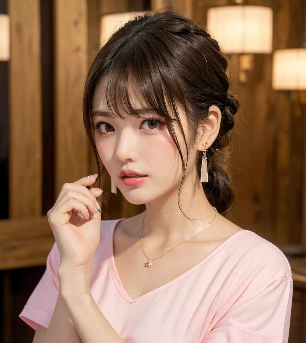 thin, minure female, forehead, amount, One girl, chest, 一人in, Brown_hair, jewelry, Earrings, length_hair, french Braiding, side Braiding, Braiding, single Braiding, cover, lips, upper_body, Artist_name, Looking_in_Audience, big_chest, Brown_eye, smile, Moderate_chest, clavicle, chestの谷間, nose, bMakeup, vertical_stripe, head_Tilt, lipstick, winermark