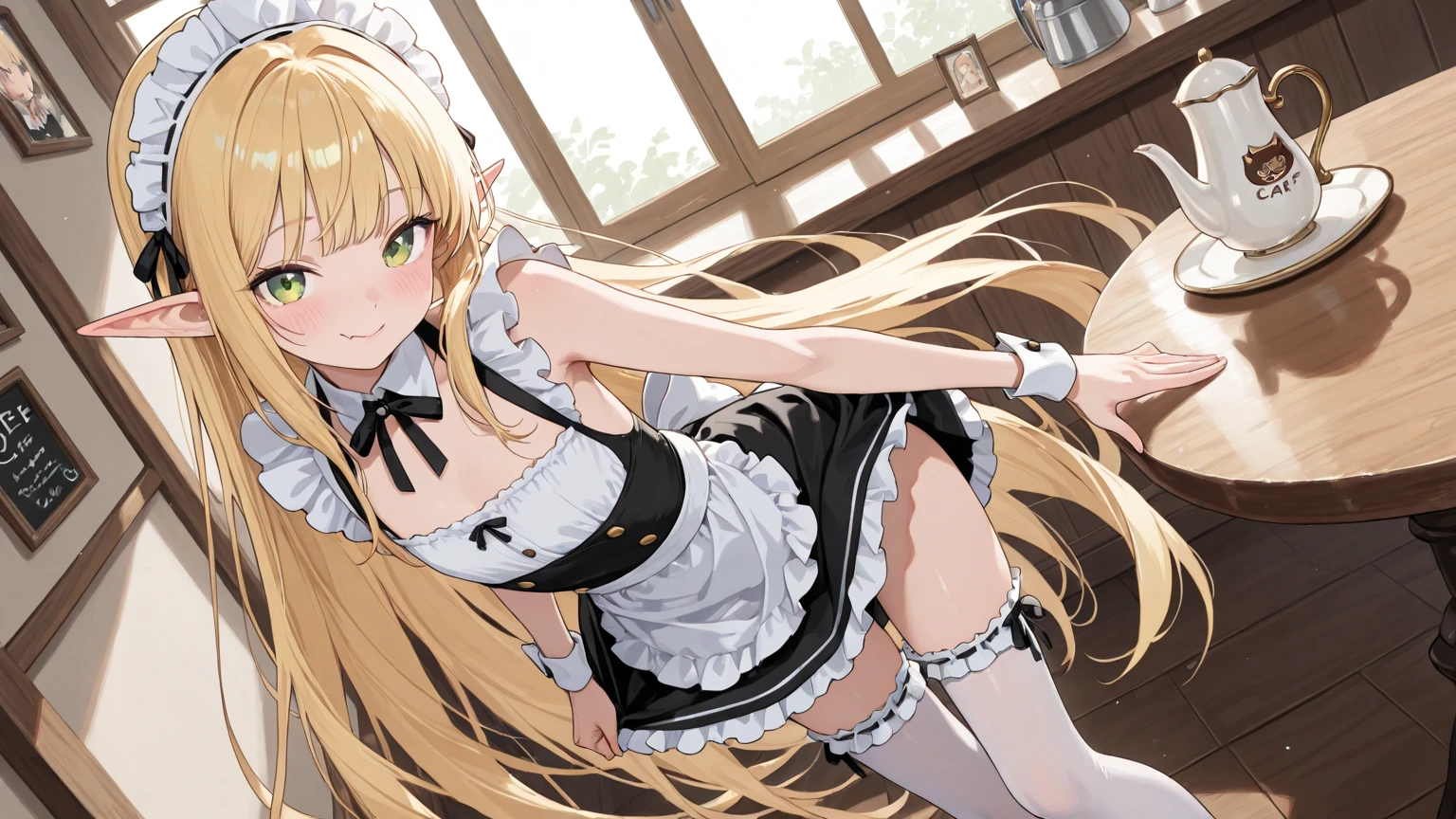 1girls、blonde、shortcut、sex、dripping semen、half naked、Sweat、steam、white breath、white shirt、maid、long skirt、Breasts that can be seen、No panties、Nipple exposure、Downcast eyes、white apron、黒いlong skirt、mature woman、Sitting and M-shaped legs apart、lift the skirt、Half-Elf
