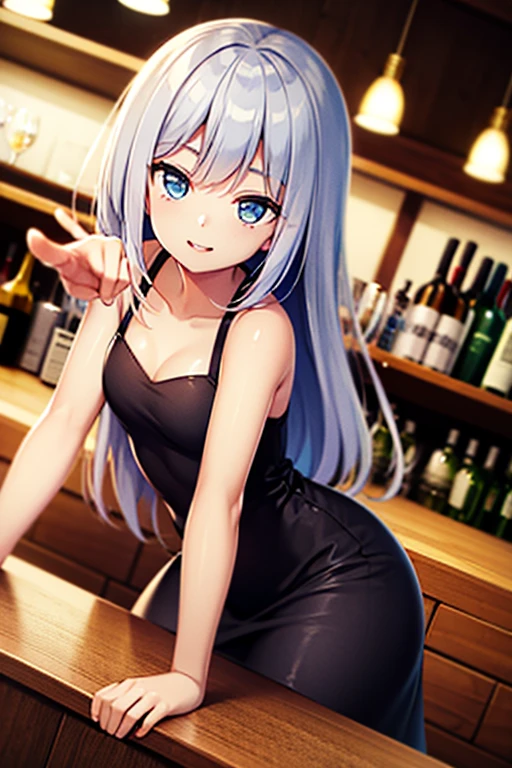 Yoshiko Tsushima　Blue Hair　Red Eye　Semi-long hair　One-sided bun hairstyle　Black Dress　Black Stockings　smile　Larger breasts　night　Cocktail Bar　Seduce　Sit on a chair　night景　Room lighting　Holding a cocktail glass