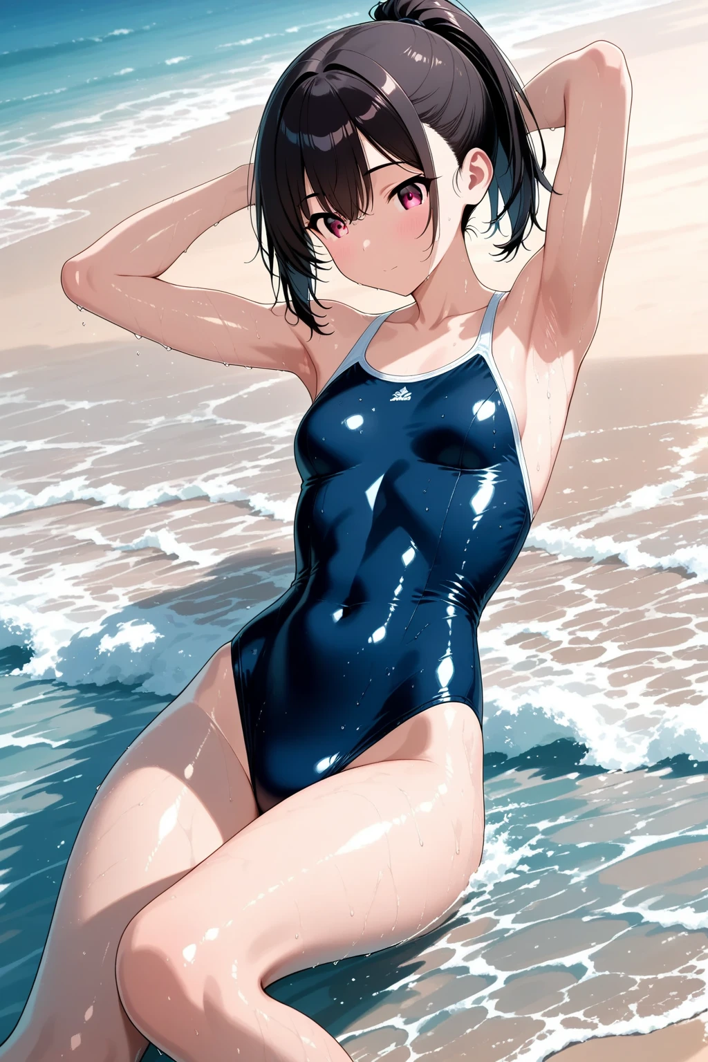 masutepiece, Best Quality, hyper detailed illustration,beautiful artwork,(Extreme Detail CG Unity 8K wallpaper、masterpiece、top-quality)、(exquisite lighting and shadow、highly dramatic picture、cinematic lens effects)、High school student in school swimsuit standing in seawater、Some were wearing dark blue school swimsuits, (1girl in), Swimsuit, Solo, (dark blue school swimsuit:1.3), onepiece swimsuit, Gray eyes, Covered navel, Black hair, Looking at Viewer, Water, breasts, Barefoot, Outdoors, Black short hair, 鎖骨, (Wet swimsuit:1.3),Closed mouth, (School swim wear), day, Bare shoulders, Small breasts, Bangs, shiny, Bare arms,(Wet:1.5),(Water splash:1.5), light glow,straggling hair,Shiny hair,Lens Flare,(open stance),Arms up,(arm pits),(Evil smile),(Tsurime),wetting hair,