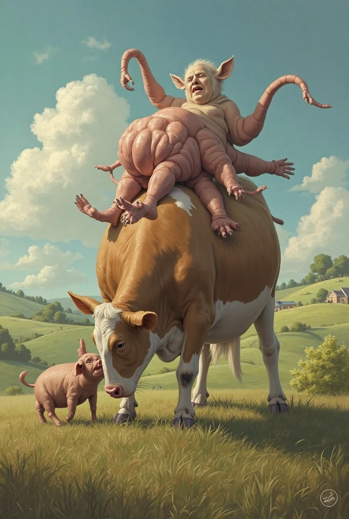 Fat naked woman walking on hands and feet and sticking out tongue and a man riding her