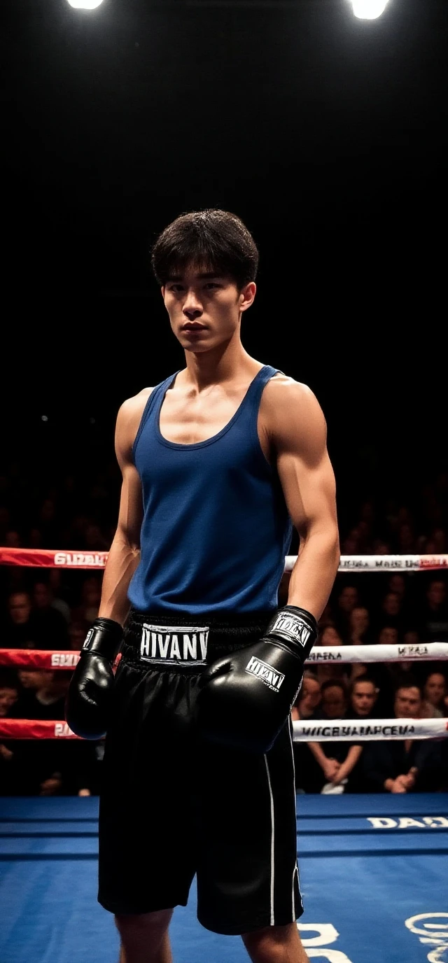 Young Mexican boxer with white skin ,curly hair and brown shorts, with a not so defined physique of a semi-chubby endomorph