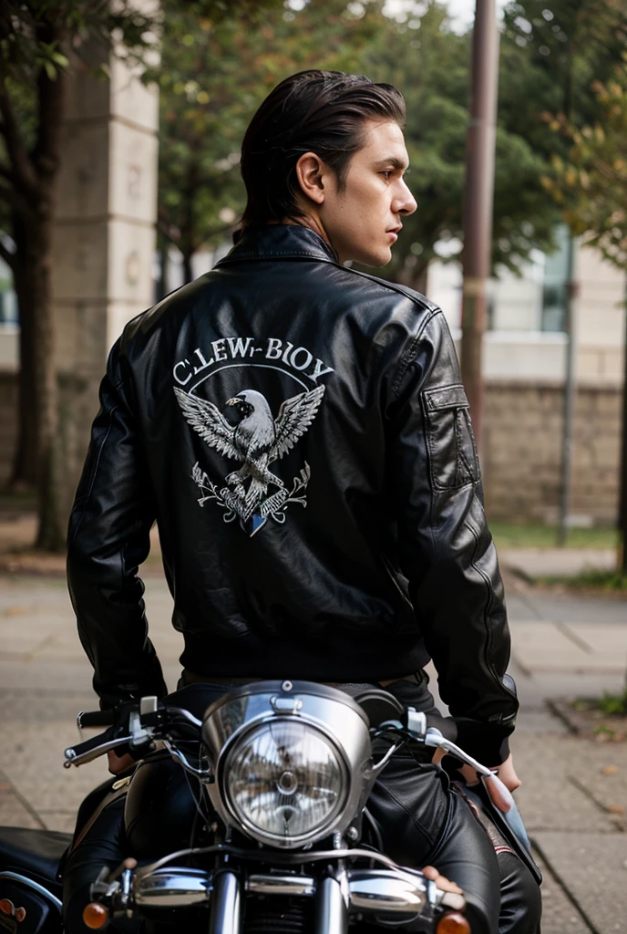 a 2 boy driving his black bike, in front of a hotel holding his black helmet in his hand, the boy is wearing black Jacket and black T-shirt and black pants and black ankle length boots, and has tattoos on one arm and on the left side of the helmet, there's a beautiful and small sign engraved in Golden colour, which is made up with initial 'N' and 'D'. the boy is handsome, and has a half hair's pony, a realistic image.